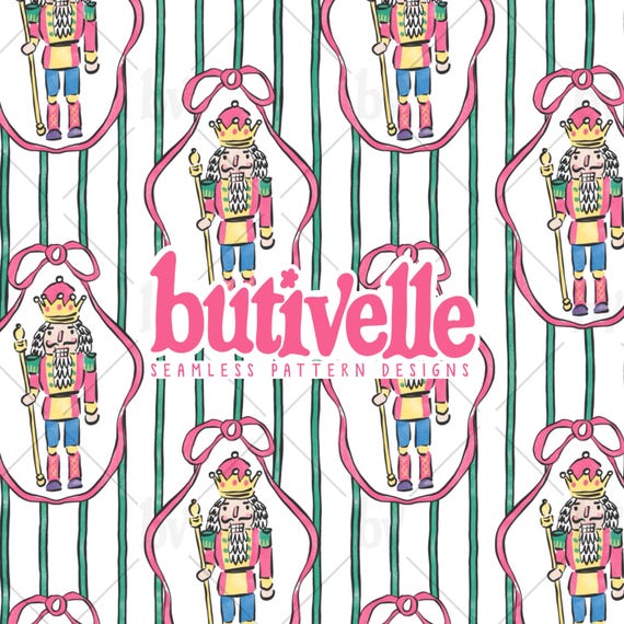 Nutcracker Christmas Seamless Pattern, Pink Green, Coquette, Bow Ribbon, Preppy, Fabric, Handdrawn, Wallpaper, Digital Download, T0871