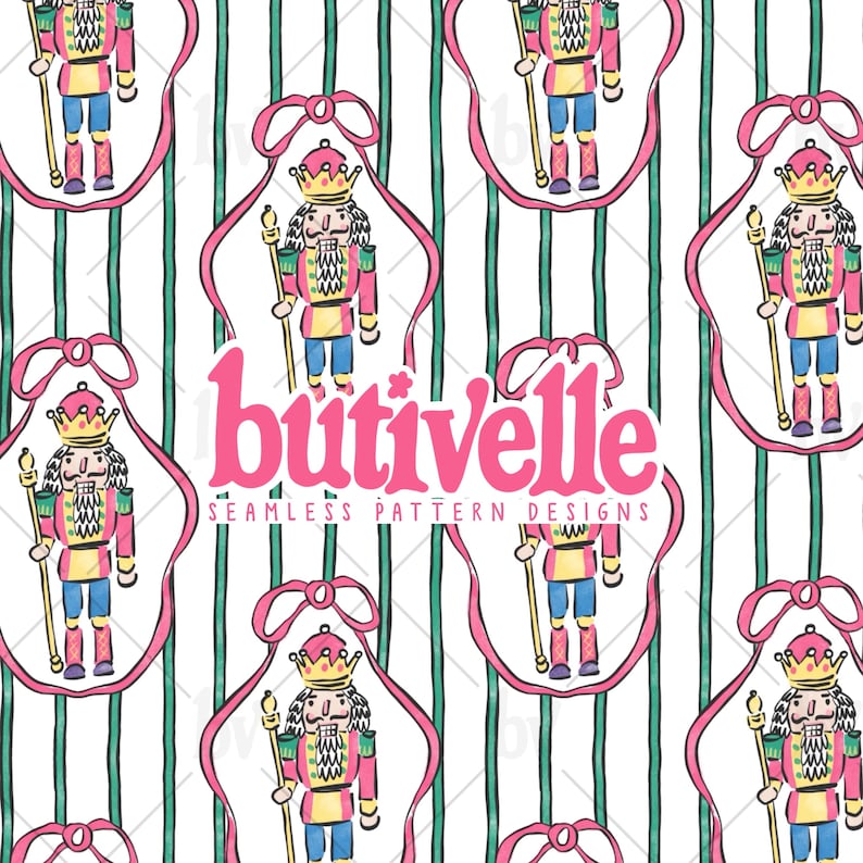 May include: Seamless pattern design featuring a repeating pattern of nutcracker figures in pink, yellow, blue, and gold, framed by pink ribbons and set against a white background with green stripes. The text "butivelle" is in pink.