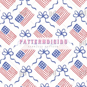 Puede incluir: Patrón sin costuras con banderas americanas dibujadas a mano en rojo, blanco y azul. El diseño incluye estrellas, rayas y lazos azules con cintas fluidas, todo sobre un fondo blanco. También está presente el texto "PATTERN DIGIDO SEAMLESS PATTERN".