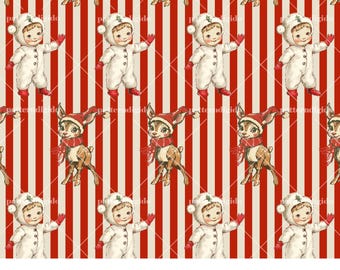 Peut inclure: Un motif sans couture avec un fond à rayures rouges et blanches et des illustrations d'enfants portant des combinaisons de neige blanches et de rennes portant des chapeaux rouges. Le motif est parfait pour les projets et les travaux manuels de Noël.