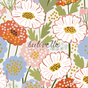 May include: A floral pattern design featuring large, stylized flowers in white, orange, and blue, with green leaves and yellow accents. The design includes the text "butivelle PATTERN STUDIO" in a cursive font.