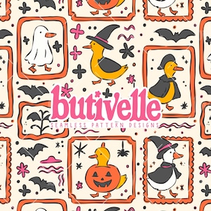 May include: Seamless pattern design featuring cartoon ducks in Halloween costumes, framed in orange borders. The ducks are dressed as a witch, ghost, and pumpkin. The text "butivelle seamless pattern designs" is in pink.