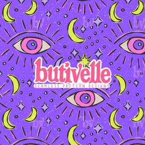May include: Seamless pattern design featuring stylized eyes, crescent moons, and stars on a purple background. The design includes the text "butivelle" in pink, with the words "seamless pattern designs" below.