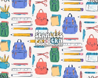 May include: A seamless pattern featuring a variety of school supplies, including backpacks, pencils, rulers, scissors, and notebooks. The pattern is in a bright and colorful style, with a white background.