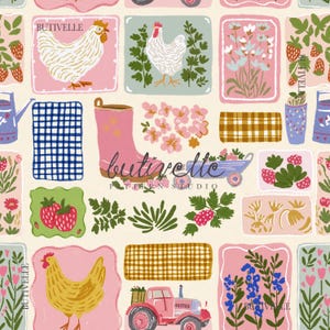 May include: A repeating pattern featuring farm-themed illustrations. The design includes chickens, strawberries, flowers, a tractor, and a pink rain boot. The text "BUTIVELLE" is present throughout the design. The color palette includes pink, green, blue, and yellow.