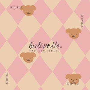 May include: A repeating pattern featuring brown teddy bear faces on a pink and beige diamond background. The text "butivelle PATTERN STUDIO" is displayed in the center, with the word "BUTIVELLE" on the sides.