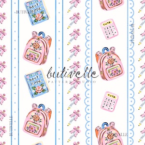 May include: A repeating pattern on a white background featuring light blue vertical stripes with dots, pink backpacks with floral designs, blue notebooks labeled NOTE BOOK, pink calculators labeled CUTE, and pencils with pink bows.
