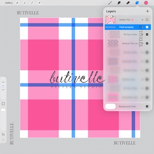 May include: A digital illustration of a pink and white plaid pattern with blue stripes. The word "butivelle" is written in cursive, with "PATTERN STUDIO" below it. The word "BUTIVELLE" is also written vertically on the sides.