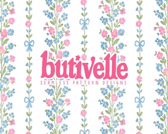 Floral Ribbon Stripe Seamless Pattern, Pastel Flower Fabric Print, Coquette Cottagecore, Pink Blue Botanical Design, Digital Download, T0920