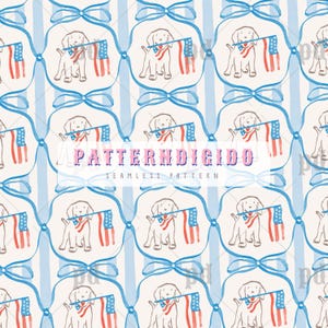 Puede incluir: Patrón repetitivo con perros blancos sosteniendo banderas americanas, enmarcados en óvalos unidos por lazos azules y rayas verticales. El texto "PATTERN DIGIDO" es visible, creando un tema patriótico.