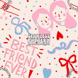 May include: A seamless pattern featuring two cartoon girls with pink hair and red hearts, blue and red ribbons, and the text "BEST FRIEND EVER" in pink. The background is a light beige with red and white polka dots.