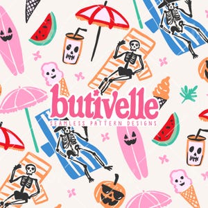 May include: Seamless pattern design featuring skeletons relaxing on beach chairs, surfboards with jack-o'-lantern faces, ice cream cones, watermelon slices, and drinks with skull faces. The text "butivelle" is displayed in pink.