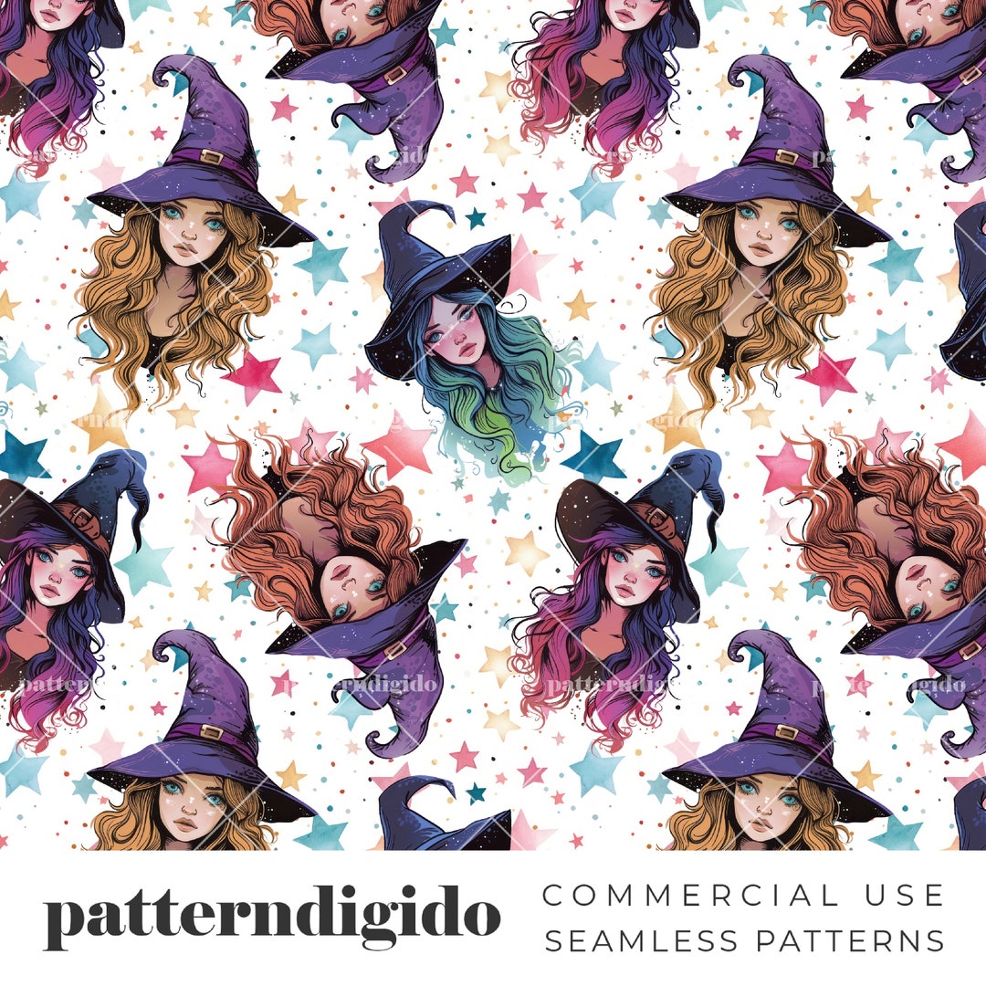 Watercolor Lovely Witches Seamless Pattern, Halloween Wizard Repeating ...