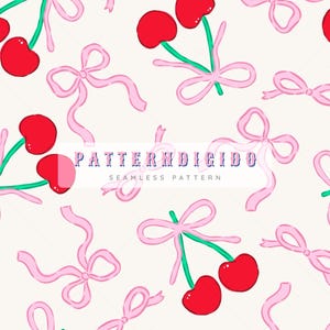 May include: A seamless pattern featuring pink bows and red cherries on a white background. The pattern is designed for use in various creative projects.