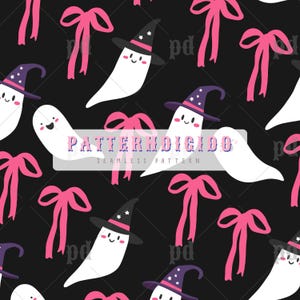Geister mit Hüten und Schleifen Halloween Musterdesign, Herbst, Herbst, Gruselig, Stoff, Handgezeichnet, Keine AI, Tapete, Digital Download, T0800