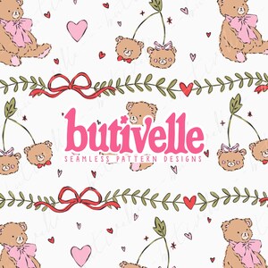May include: Seamless pattern design featuring teddy bears with pink bows, hearts, and cherry-like bear pairings. The design includes the text "butivelle" in pink, with the words "seamless pattern designs" below.