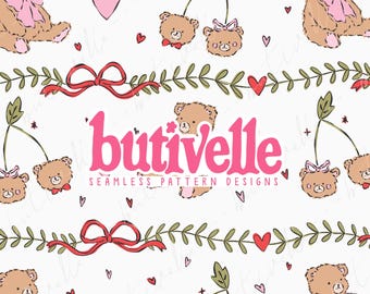 Teddy Bear Seamless Pattern – Cute Brown Bears with Pink Bows, Hearts and Ribbons on White, Baby & Valentine Crafts, Digital Download, T0947