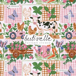 May include: A repeating pattern featuring a white cow with black spots, brown and white chickens, pink tractors, wheelbarrows filled with strawberries, pink rain boots, carrots, and butterflies on a light pink checkered background with the text BUTIVELLE.