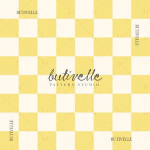 May include: A digital pattern featuring a repeating checkerboard design in alternating squares of pale yellow and off-white. The text BUTIVELLE is printed in the corners, and the logo butivelle PATTERN STUDIO is centered in dark gray.