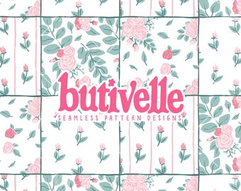 Watercolor Rose Patchwork Seamless Pattern Digital Paper – Pink Floral Tiles, Vintage Garden Repeat Design for Fabric, T0954
