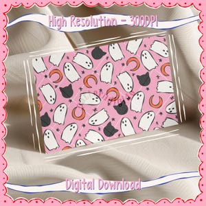 Puede incluir: Una descarga digital rosa con un patr&oacute;n de Halloween. El dise&ntilde;o incluye fantasmas blancos, gatos negros, lunas crecientes naranjas y peque&ntilde;as estrellas. Tambi&eacute;n son visibles las palabras "High Resolution - 300DPI" y "Digital Download".