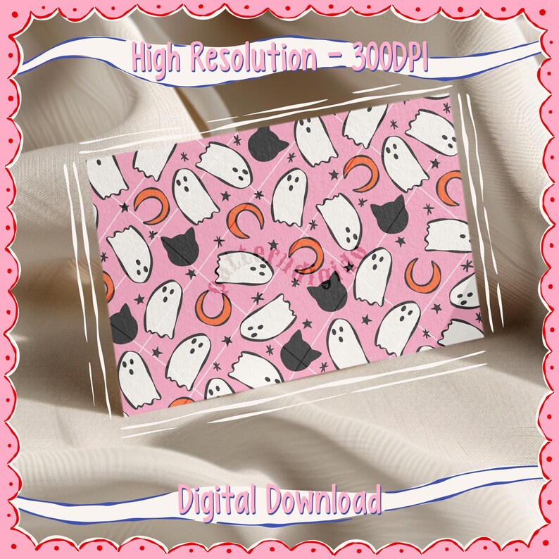 Puede incluir: Una descarga digital rosa con un patr&oacute;n de Halloween. El dise&ntilde;o incluye fantasmas blancos, gatos negros, lunas crecientes naranjas y peque&ntilde;as estrellas. Tambi&eacute;n son visibles las palabras "High Resolution - 300DPI" y "Digital Download".