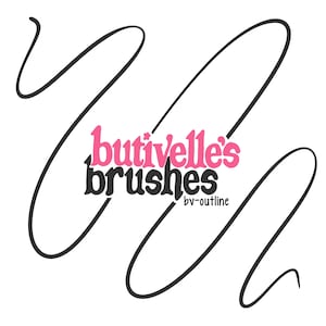 May include: White background with black curved lines and the text "butivelle's brushes" in pink and black. The text "bv-outline" is below the word "brushes".