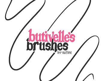 May include: White background with black curved lines and the text "butivelle's brushes" in pink and black. The text "bv-outline" is below the word "brushes".