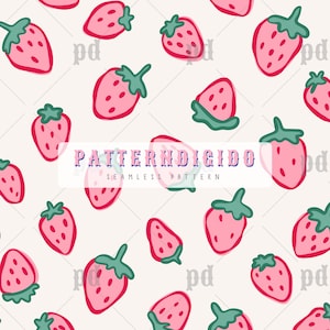 May include: A seamless pattern featuring pink strawberries with green leaves on a white background. The text "PATTERN DIGIDO" and "SEAMLESS PATTERN" is included in the design.