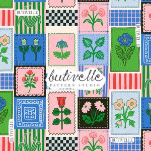May include: A repeating pattern featuring rectangular blocks with various floral illustrations, checkered squares, and striped backgrounds in pink, blue, green, and black. The text 'butivelle PATTERN STUDIO' is centred over the design.