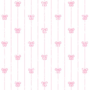 Op de afbeelding: Een naadloos patroon van roze strikken op een witte achtergrond met dunne roze verticale strepen.