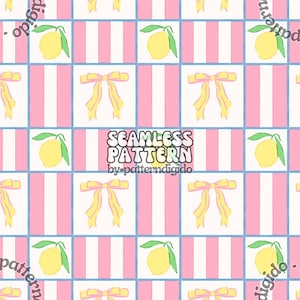 May include: A seamless pattern featuring yellow lemons with green leaves, white and pink stripes, and yellow bows on a white background. The text "SEAMLESS PATTERN by-patternidigido" is in the center of the image.