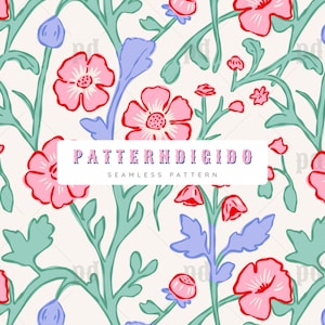 May include: A seamless pattern featuring pink and red flowers with green stems and blue buds on a cream background. The text "PATTERN DIGIDO" and "SEAMLESS PATTERN" is displayed in a banner at the bottom of the image.