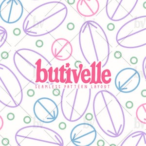 Puede incluir: Diseño de patrón sin costuras con un diseño repetitivo de formas ovaladas y círculos en colores pastel. El diseño incluye flechas y el texto "butivelle" en rosa, con las palabras "seamless pattern layout" debajo.