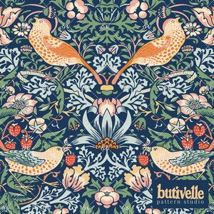 May include: A dark blue fabric featuring a repeating pattern of orange birds, light blue flowers, green foliage, and red strawberries. The bottom right corner displays the text butivelle pattern studio in a gold font.