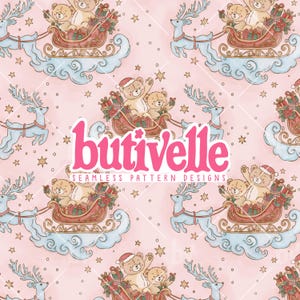 May include: Seamless pattern design featuring teddy bears in Santa hats riding a sleigh pulled by reindeer over clouds. The background is a light pink with stars and dots. The text "butivelle" is in pink.
