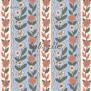 May include: A repeating vertical pattern featuring alternating stripes of light blue and cream. The blue stripes contain climbing vines with pink and white flowers and green leaves. The cream stripes feature a scalloped edge and red sprigs.
