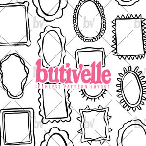 May include: A seamless pattern layout featuring various black and white frame designs. The frames include oval, rectangular, and uniquely shaped outlines. The word "butivelle" is in pink, with the text "seamless pattern layout" below it.