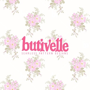 May include: A seamless pattern design featuring clusters of pink flowers with green leaves and stems, set against a cream background. The word "butivelle" in pink script is centered, with "SEAMLESS PATTERN DESIGNS" below.