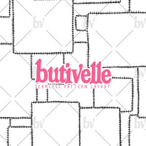 May include: A seamless pattern layout featuring a white backdrop with black stitched squares. The pink text "butivelle" is centered, with "SEAMLESS PATTERN LAYOUT" below it. Diagonal grey lines intersect the squares.
