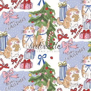 May include: A repeating pattern featuring illustrations of ginger cats, Christmas trees with red ornaments, blue and white striped gift boxes, pink bows, candy canes, and the text Merry Christmas on a white background with blue polka dots.