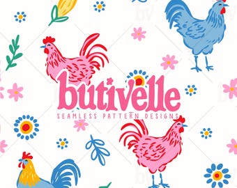 Colorful Chickens Seamless Repeat Pattern, Rooster, Spring, Cottagecore, Farm, Bright, Preppy, Fabric, Handdrawn, Digital Download, T0881