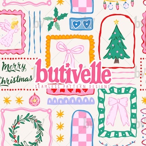 Peut inclure: Un motif de conception sans couture avec des illustrations sur le thème de Noël. Le motif comprend des cadres, des nœuds, des arbres de Noël, des anges et le texte "Merry Christmas" et "butivelle seamless pattern designs". La palette de couleurs comprend le rose, le vert, le jaune et le bleu.