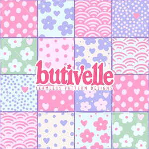 Può includere: Un colorato design di motivi senza cuciture con una griglia di quadrati con vari motivi. I motivi includono pois, cuori, fiori e forme a onda in rosa, viola e verde. Il testo "butivelle SEAMLESS PATTERN DESIGNS" è in rosa.