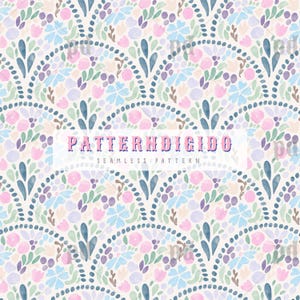 May include: A seamless pattern featuring a watercolor design with a repeating floral motif. The pattern includes pink, blue, purple, and green flowers and leaves on a cream background. The text "PATTERNDIGIDO SEAMLESS PATTERN" is displayed in pink.