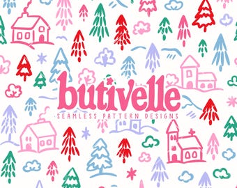 May include: A whimsical seamless pattern design featuring houses, trees, clouds, and mountains in shades of pink, red, green, and blue on a white background. The word "butivelle" is displayed in pink, with the text "SEAMLESS PATTERN DESIGNS" below it.