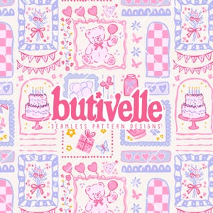 Pode incluir: Design de padrão sem costura com ilustrações emolduradas em rosa e lilás. As ilustrações incluem um ursinho de pelúcia, bolo, caixa de presente, flores, corações e o texto "butivelle seamless pattern designs".
