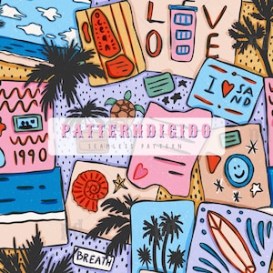 May include: A colourful seamless pattern featuring beach-themed illustrations. The design includes palm trees, a turtle, a seashell, and the text "LOVE" and "I SAND". The colour palette features blues, pinks, and oranges.