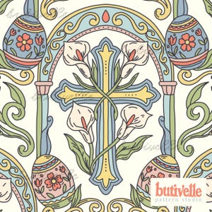 May include: A seamless pattern featuring a cross intertwined with calla lilies, Easter eggs, and floral elements. The design incorporates pastel colors like blue, yellow, pink, and green, with a cream-colored background. The pattern is from butivelle pattern studio.