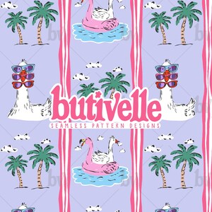 May include: Seamless pattern design featuring cartoon geese wearing sunglasses, palm trees, and a pink swan float on a light purple background with pink stripes. The text "butivelle" is in pink, with "seamless pattern designs" below.